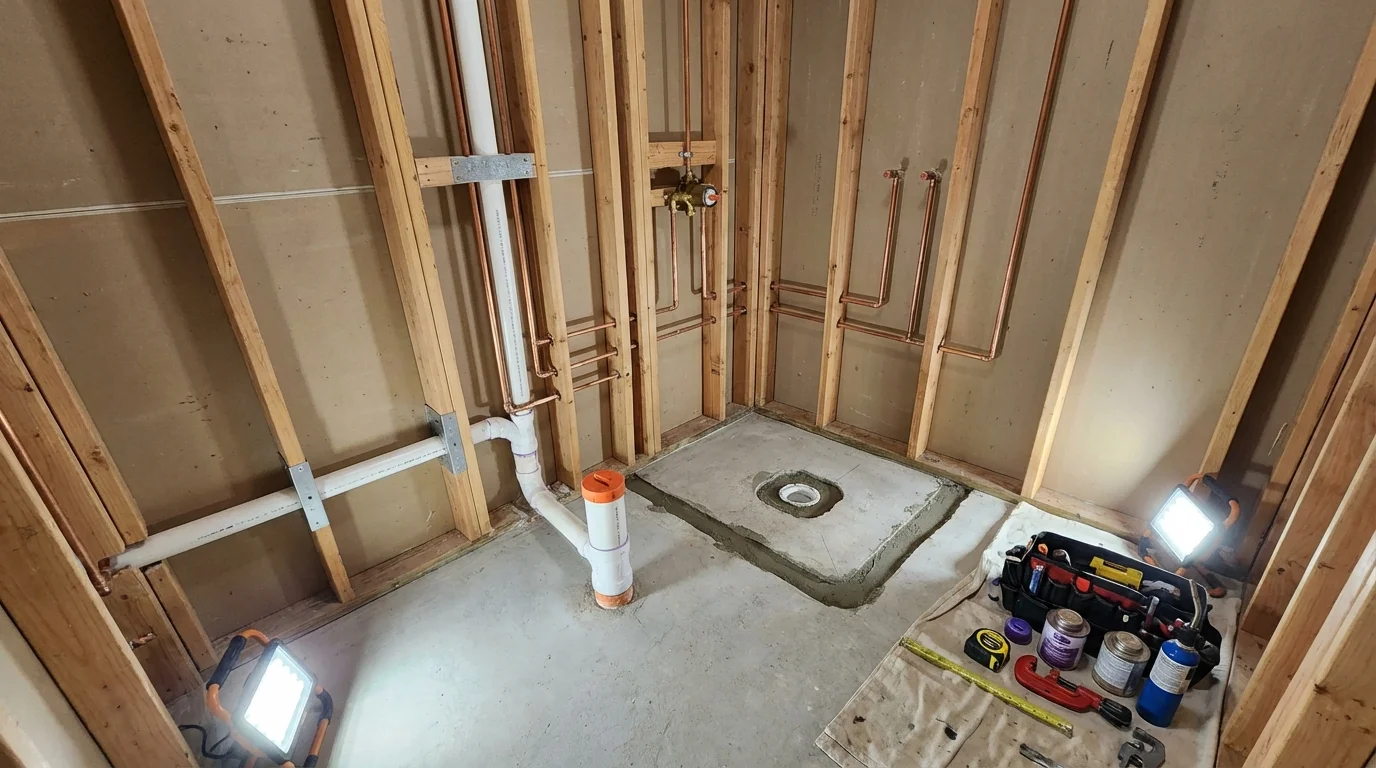 Bathroom rough-in plumbing during remodel by Johns Plumbing LLC in Libertyville