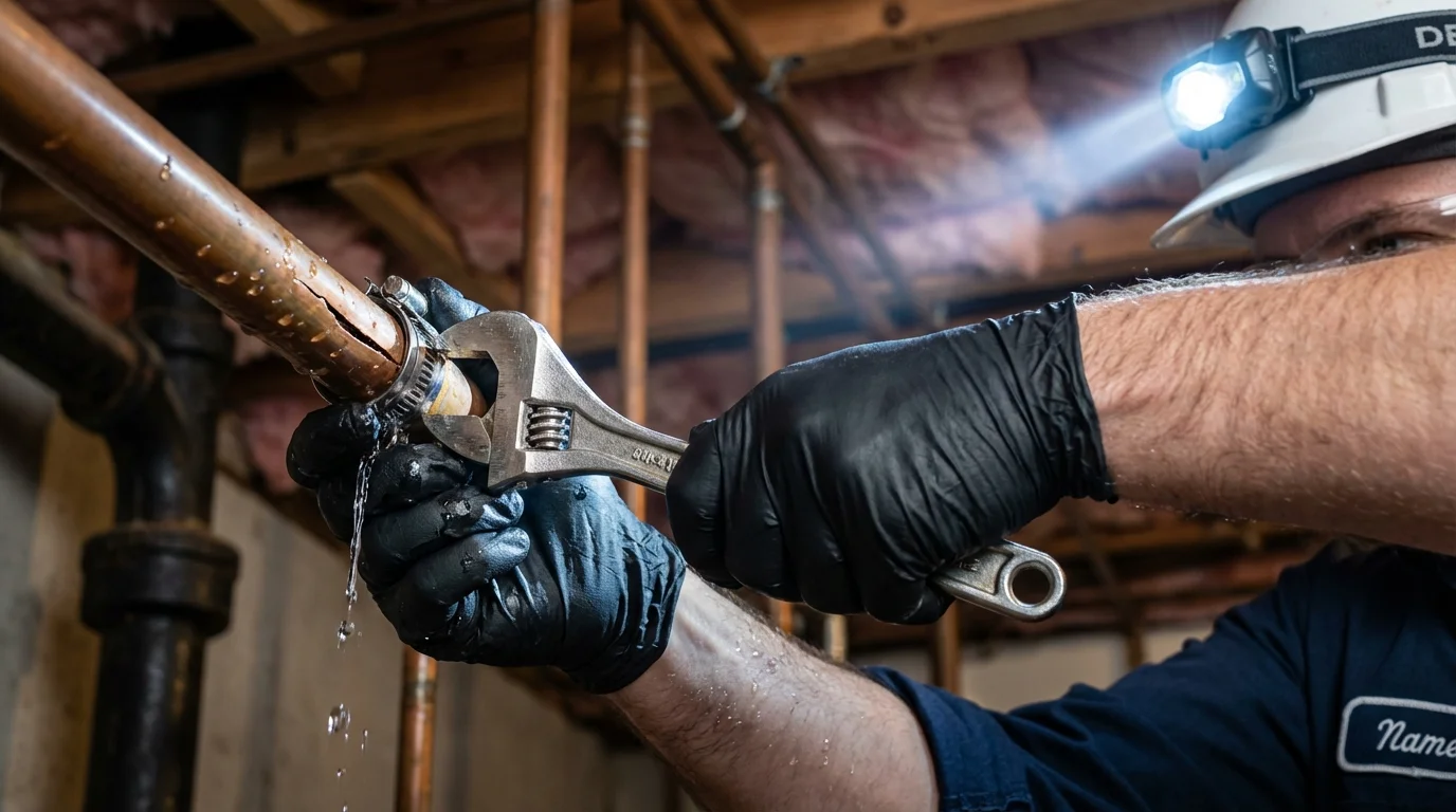 Emergency pipe clamp repair being performed by a Johns Plumbing LLC plumber in Libertyville