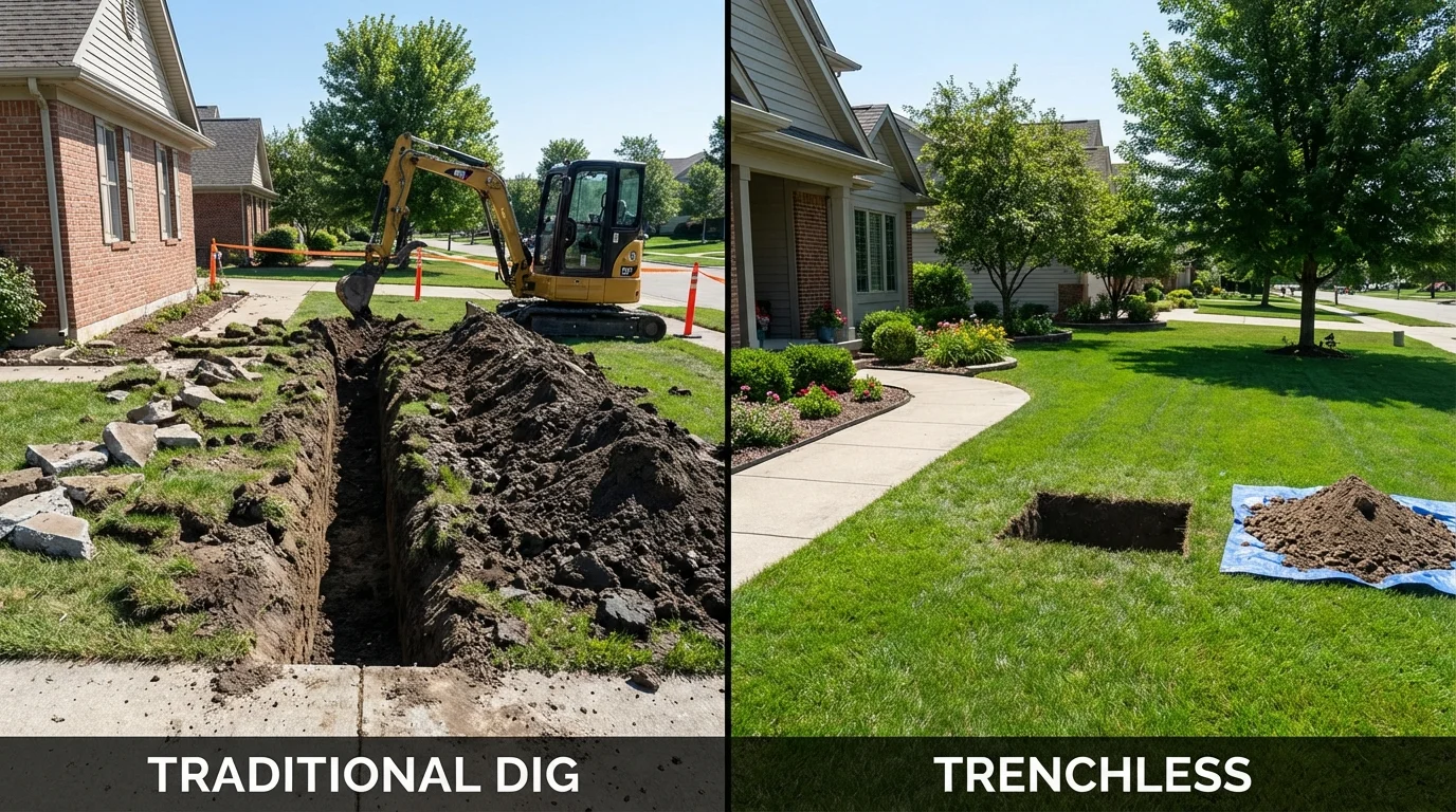 Trenchless sewer repair with minimal yard damage versus traditional excavation in Libertyville, IL