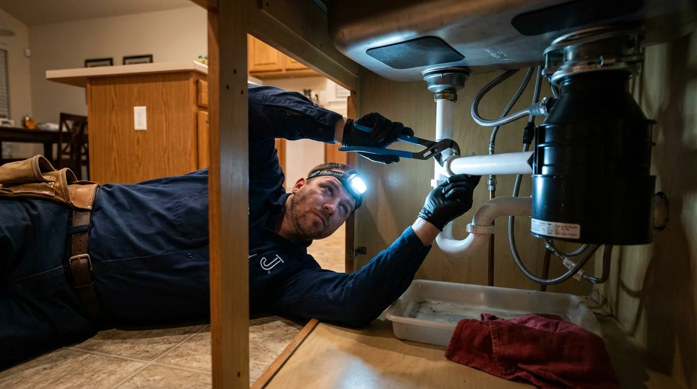 P-trap and supply line connections under a kitchen sink showing a common leak point in Libertyville, IL